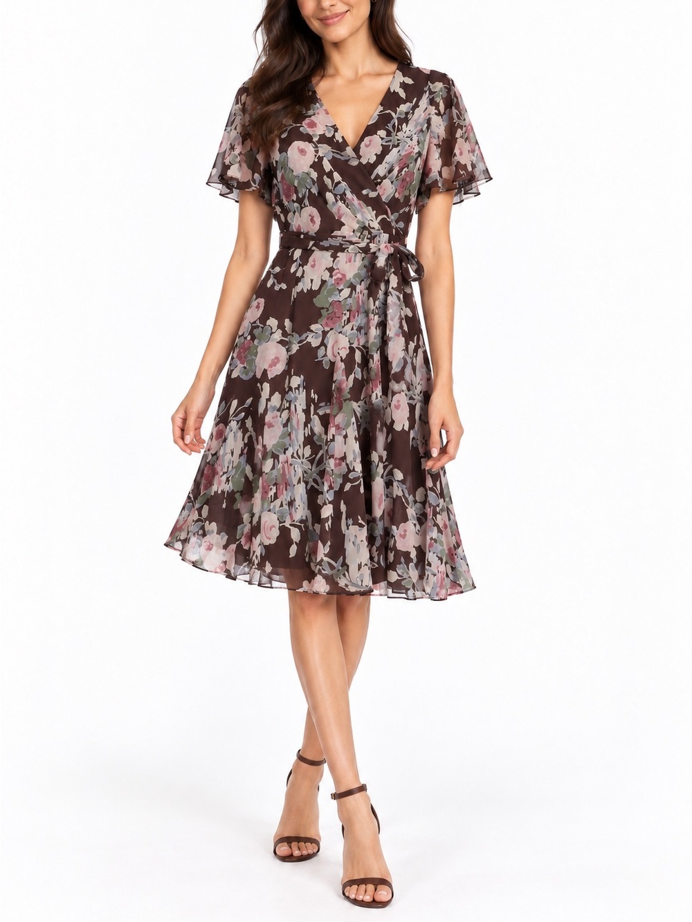 Lauren Ralph Lauren Brown Floral Chiffon Faux Wrap Midi Dress Size 2 Cottagecore
